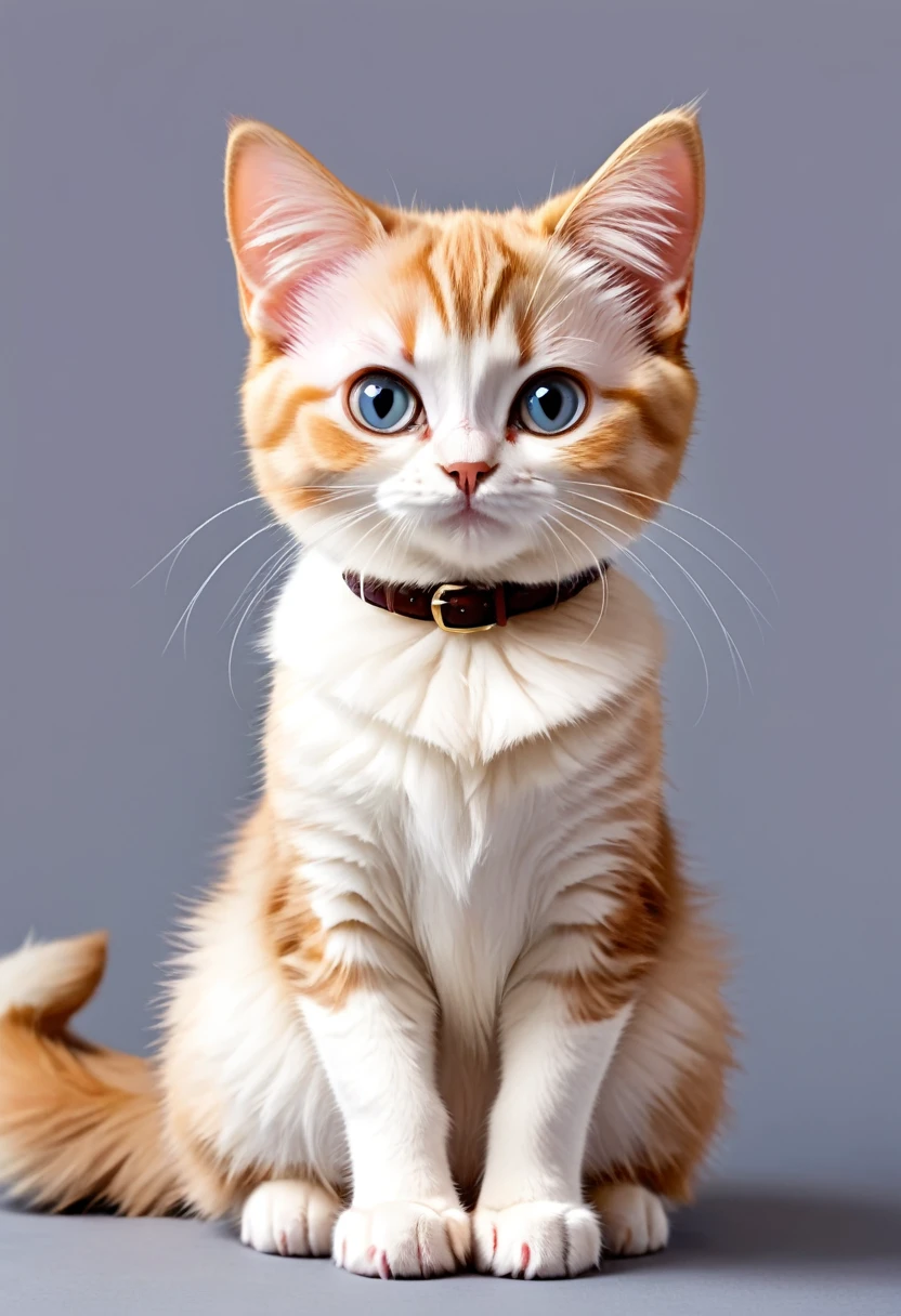 In the style of TOK, cute cat, Munchkin cat, looking at the viewer, sitting, smiling, simple background