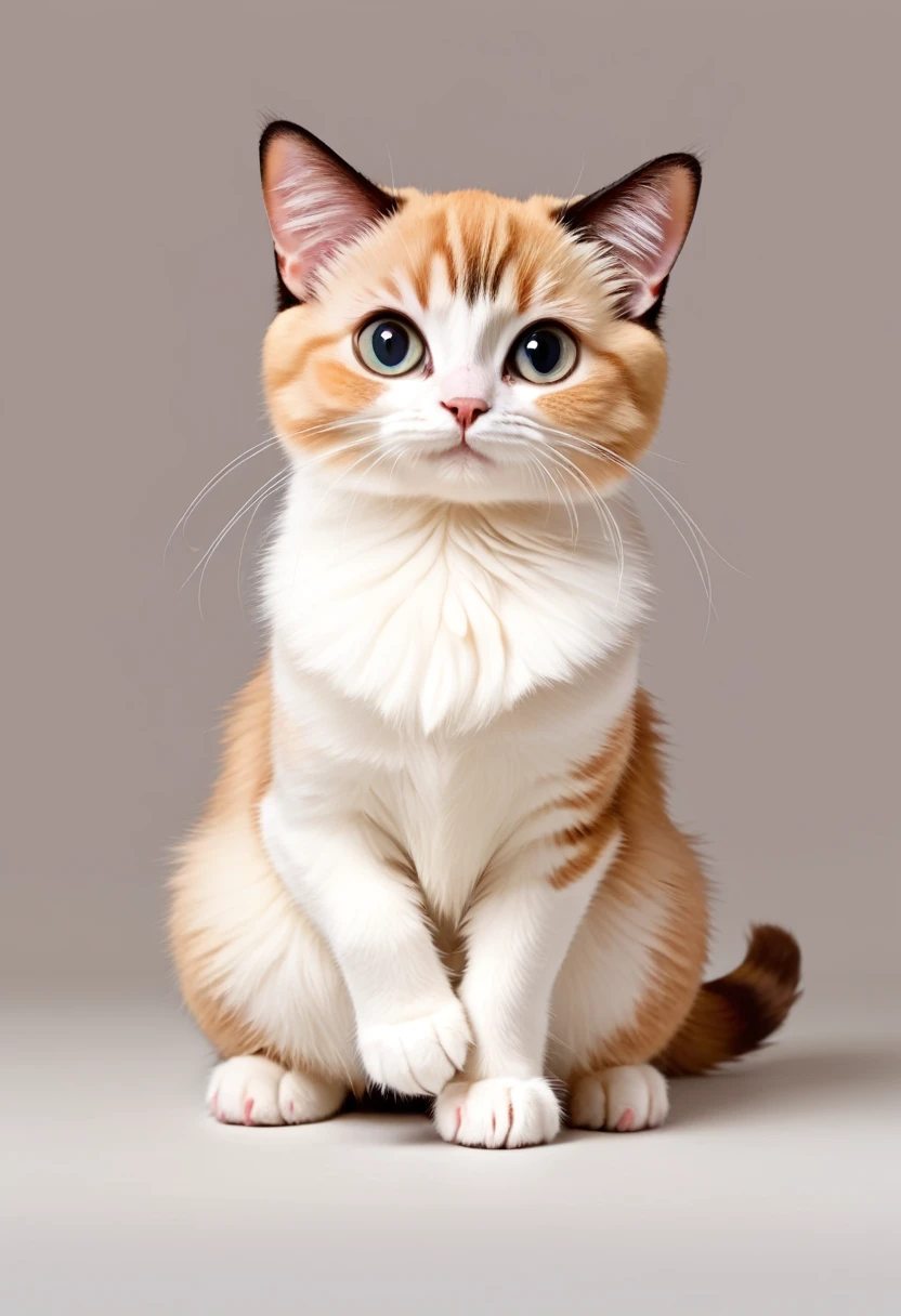 In the style of TOK, cute cat, Munchkin cat, looking at the viewer, sitting, smiling, simple background