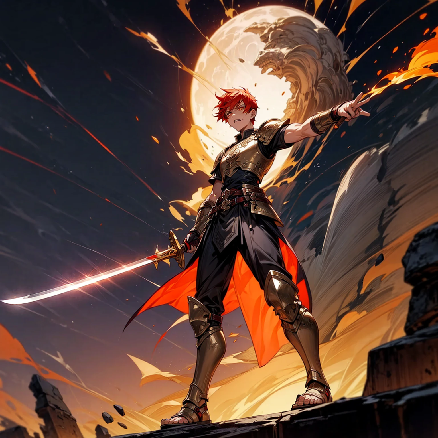 1boys, Full body version, orange eyes, undercut hair, red colour hair, very angry expression, gladiator clothing, short sleeve shirt, gladiator skirt, gold big armor body, bodybelt, gladiator sandals, Spatha sword in hand, (war gesture), Grassroots background in war, Full background, night, moonlight behind, moonlight silhouette, explosion, fire, fire background, blood on face, blood on sword, blood on armor, fire sword