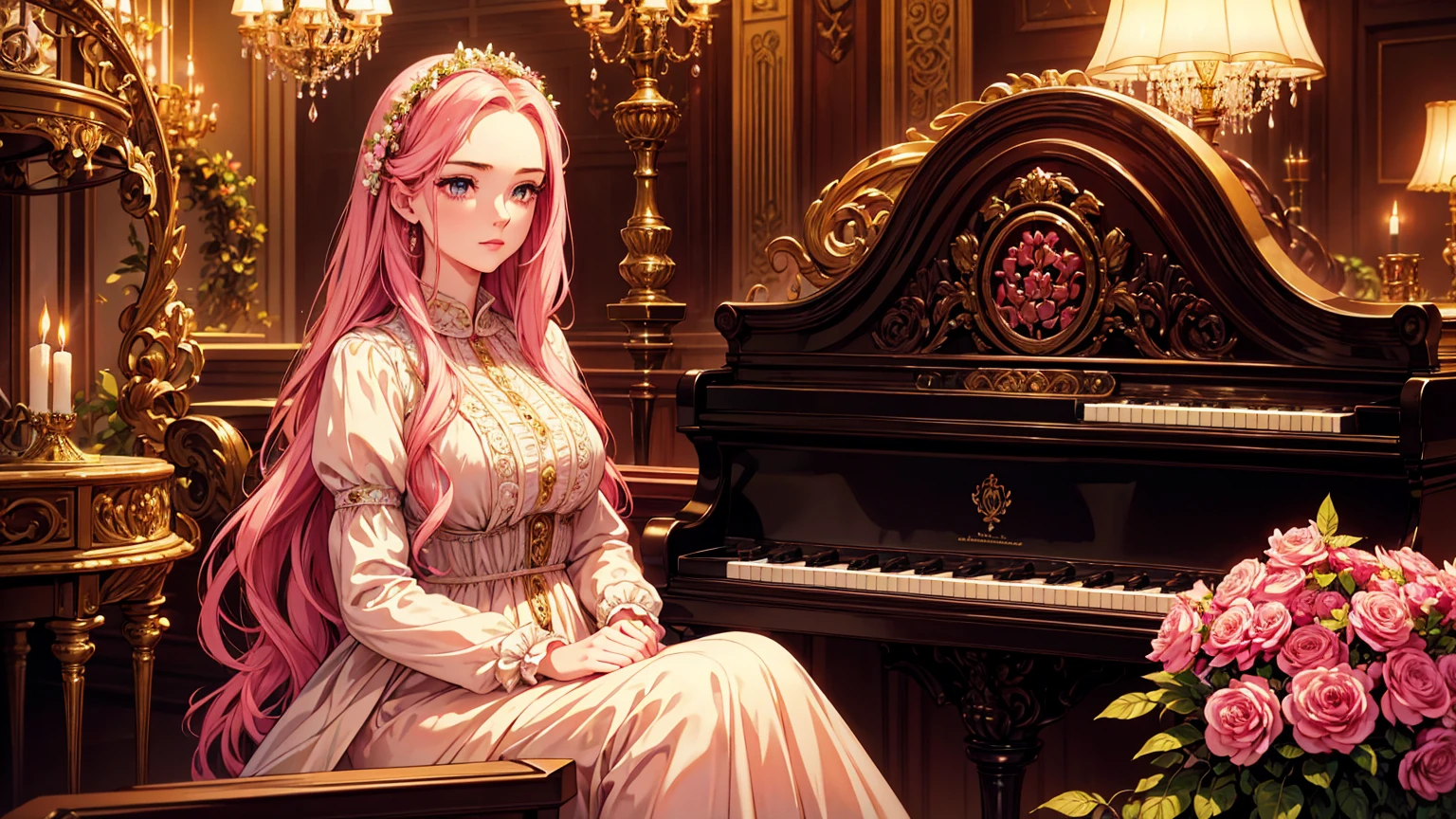 a beautiful young woman in a long vintage dress, exquisite detailed facial features, pink flowing hair, elegant posture, a grand old-fashioned house interior, a large ornate piano, lush flowers and greenery, masterpiece, highly detailed, cinematic lighting, warm color palette, Renaissance style