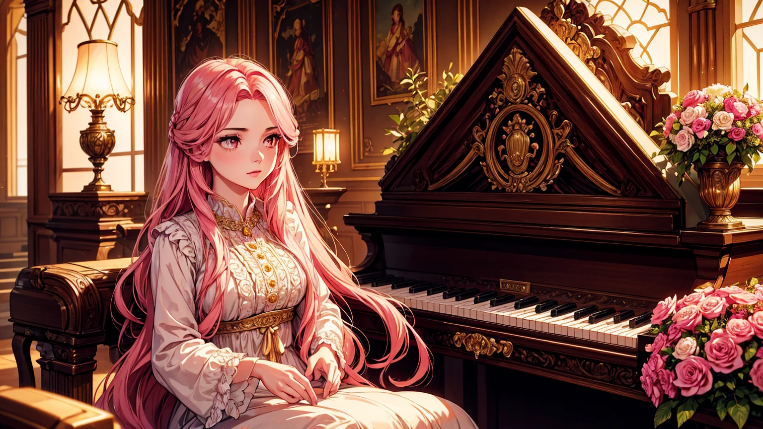 a beautiful young woman in a long vintage dress, exquisite detailed facial features, pink flowing hair, elegant posture, a grand old-fashioned house interior, a large ornate piano, lush flowers and greenery, masterpiece, highly detailed, cinematic lighting, warm color palette, Renaissance style
