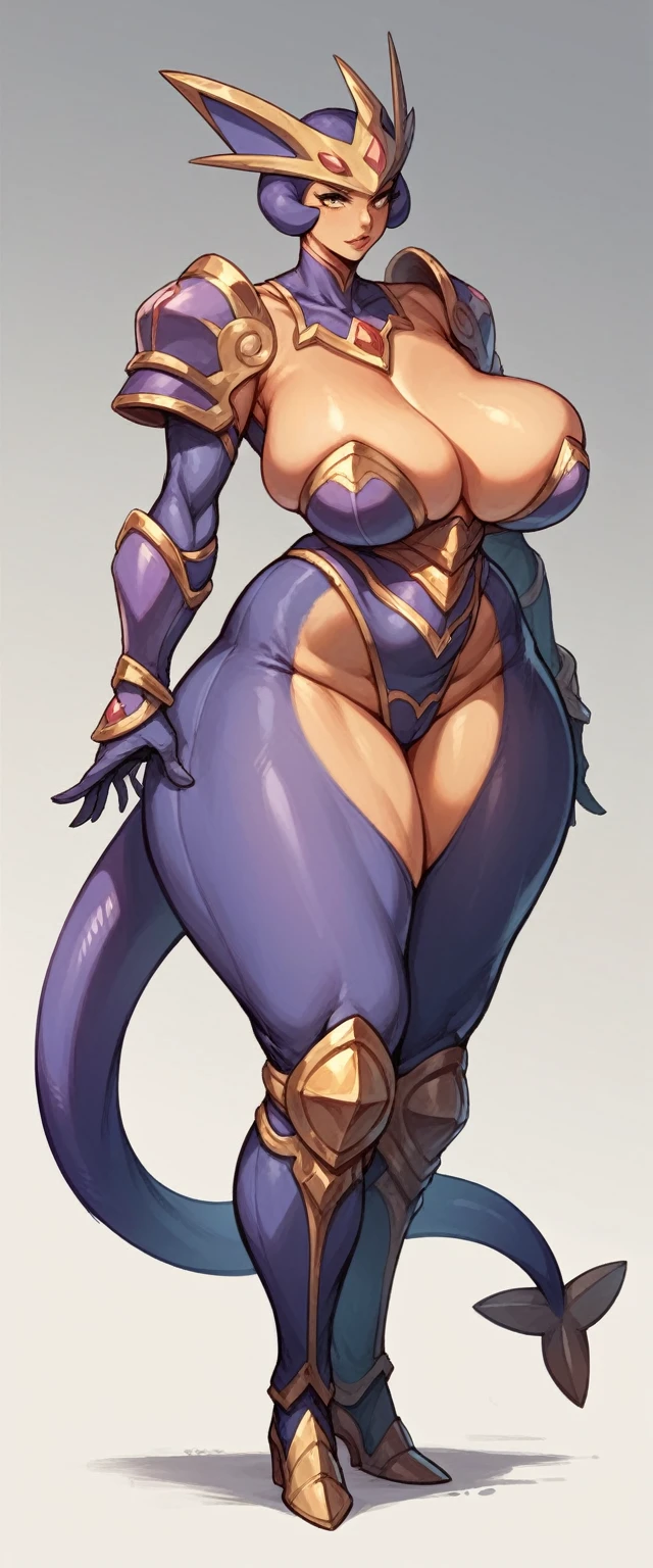 woman character with ultra large breasts, full body, wide hips, milf woman, tail, very big fat body, fantasy, breasts the size of her body, pokemon character, yellow and purple in fantasy armour