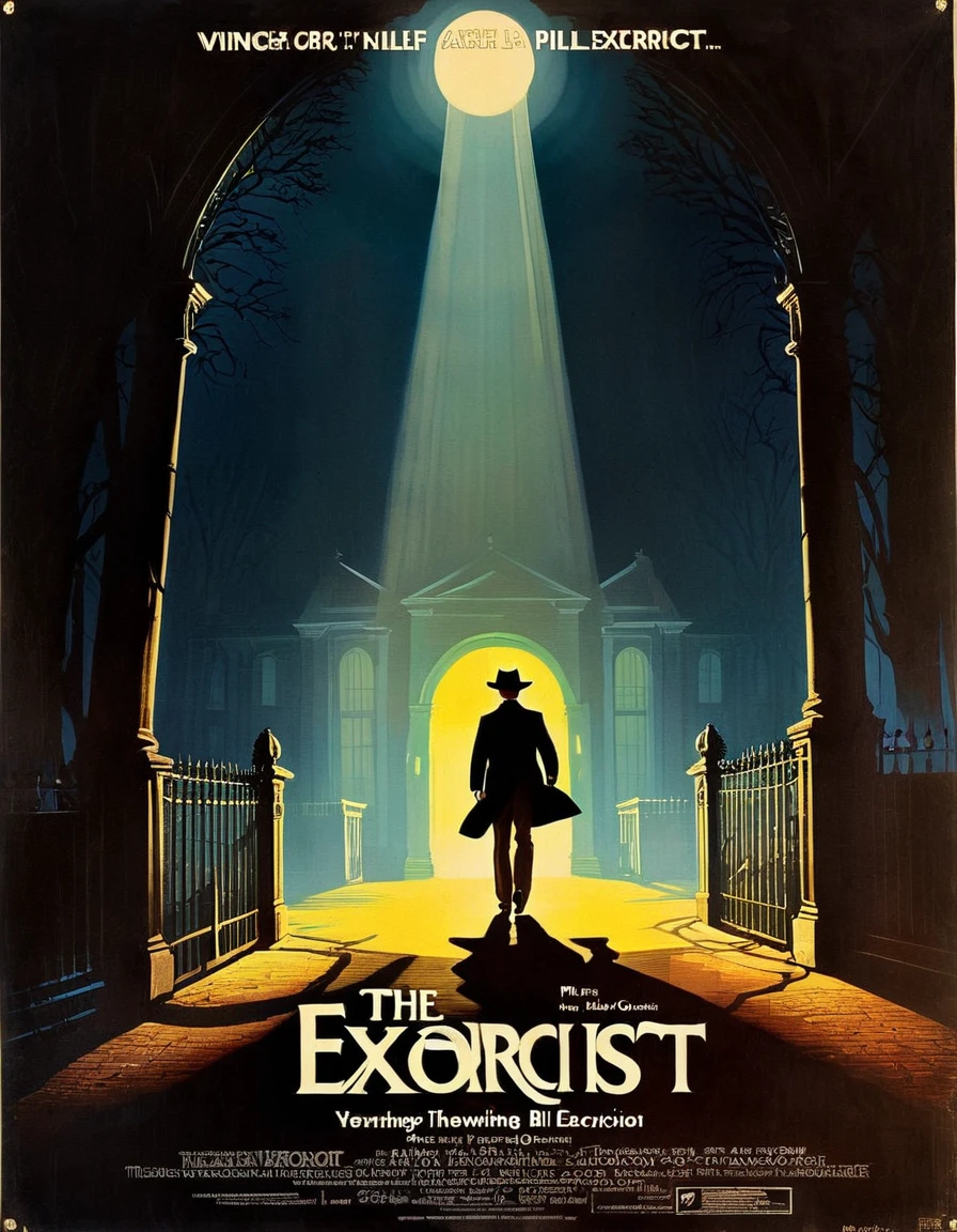 An image of a haunting vintage movie poster for "The Exorcist," creating an eerie atmosphere with subtle lighting and dark shadows, detailed, realistic, HD, trending on ArtStation, in the style of Bill Gold, Bob Peak, and Philip Castle.