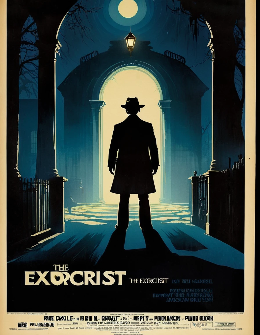An image of a haunting vintage movie poster for "The Exorcist," creating an eerie atmosphere with subtle lighting and dark shadows, detailed, realistic, HD, trending on ArtStation, in the style of Bill Gold, Bob Peak, and Philip Castle.