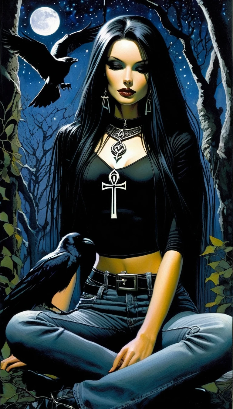 Sexy gothic girl, long straight hair, tight black t-shirt and jeans, small breasts, pale white skin tone, ankh symbol, a dark crow accompanies her, sitting under a tree with convoluted branches, magic, fantastic, night sky, moon , stars, background (simple oil painting in a Chris Bachalo style)