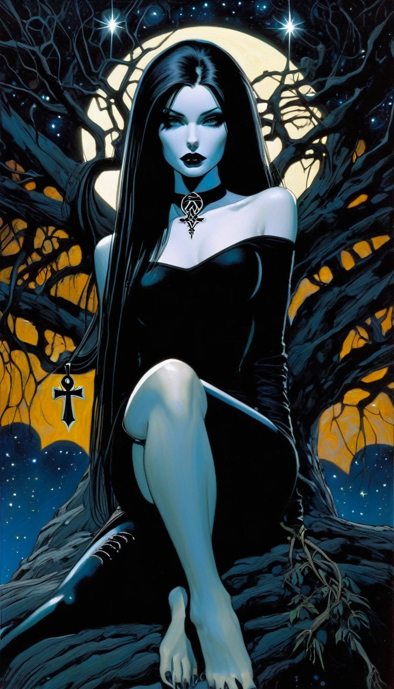 Sexy gothic girl, long straight hair, tight black t-shirt and jeans, small breasts, pale white skin tone, ankh symbol, a dark crow accompanies her, sitting under a tree with convoluted branches, magic, fantastic, night sky, moon , stars, background (simple oil painting in a Chris Bachalo style)