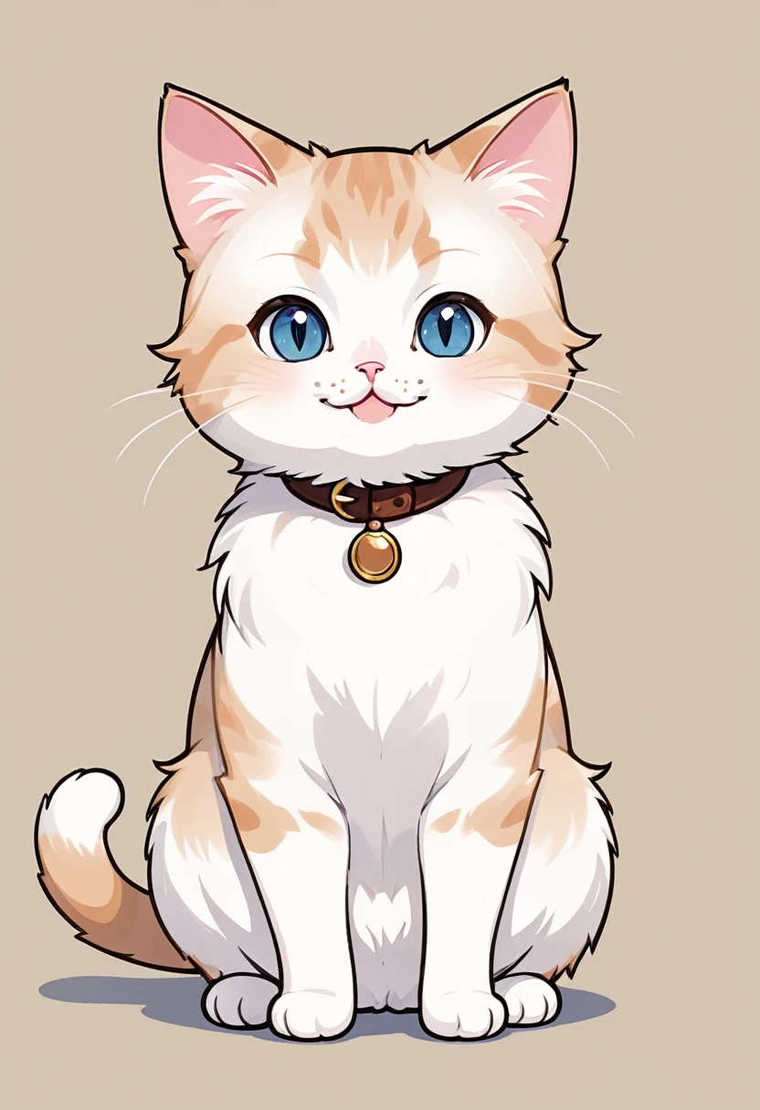 In the style of TOK, cute cat, Munchkin cat, looking at the viewer, sitting, smiling, simple background