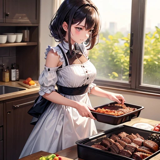 A woman in a dress cutting roast beef