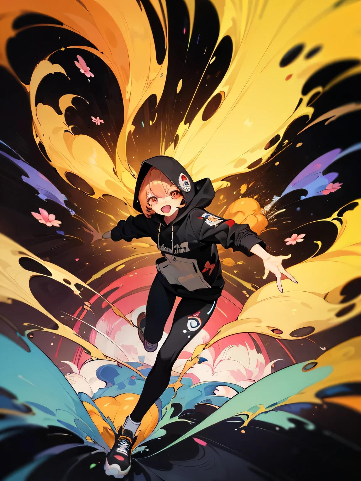 masterpiece, ultra-high quality, ( ultra detailed original illustration),( joyful facial expression, red eye, short hair, smile, open mouth,full body, perfect body), ((street wear,hoodie fashion)), ((flowers sakura)(graffiti)), double exposure, fussion of fluid abstract art, glitch, ( 2d), ( original illustration composition), ( fusion of limited color, maximalism artstyle, geometric artstyle, fire, junk art), yellow theme, background black