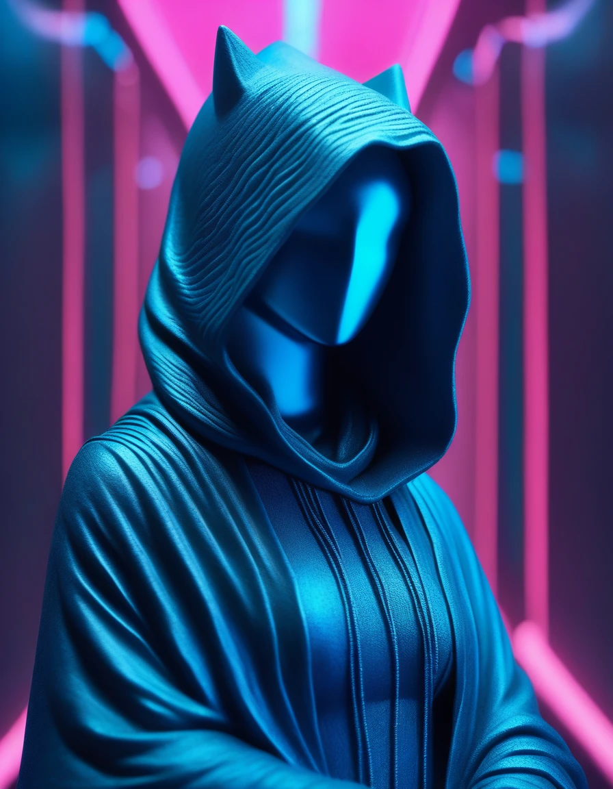 "Gypsum stone statue shape, medium shot on ARRI Alexa 35, A lone hooded figure using chaos magic, Blue discreet color gradation, hyperrealistic pop, cyber punk, Chicago 2087
