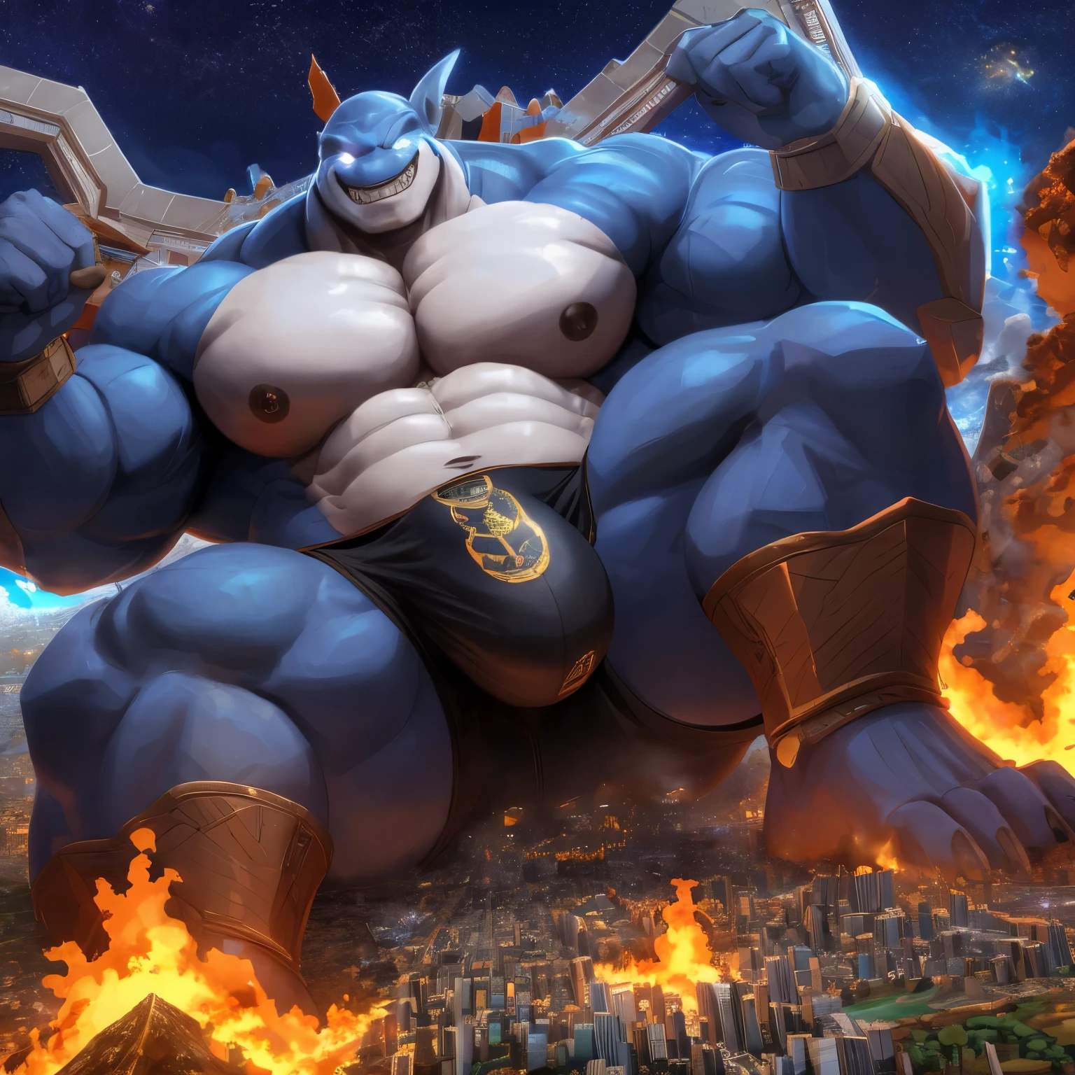 humanoid shark，male，Strong build, blue skin, (glowing eyes: 1.2), (giant sized: 1.6), sitting on a throne, stepping on building, night time, rampage, impact, looking down, evil smile, thick arms, thick thighs, large pecs, (fat pecs: 1.1), (bara pecs: 1.1), macro, (landscape dwarfing: 1.5), city destruction, building destruction, destroyed city, city on fire, (city dwarfing: 1.2), macro, macro size, enormous size, (giant bulge in crotch: 1.3), tight bulge, tiny soldiers running away, dutch angle