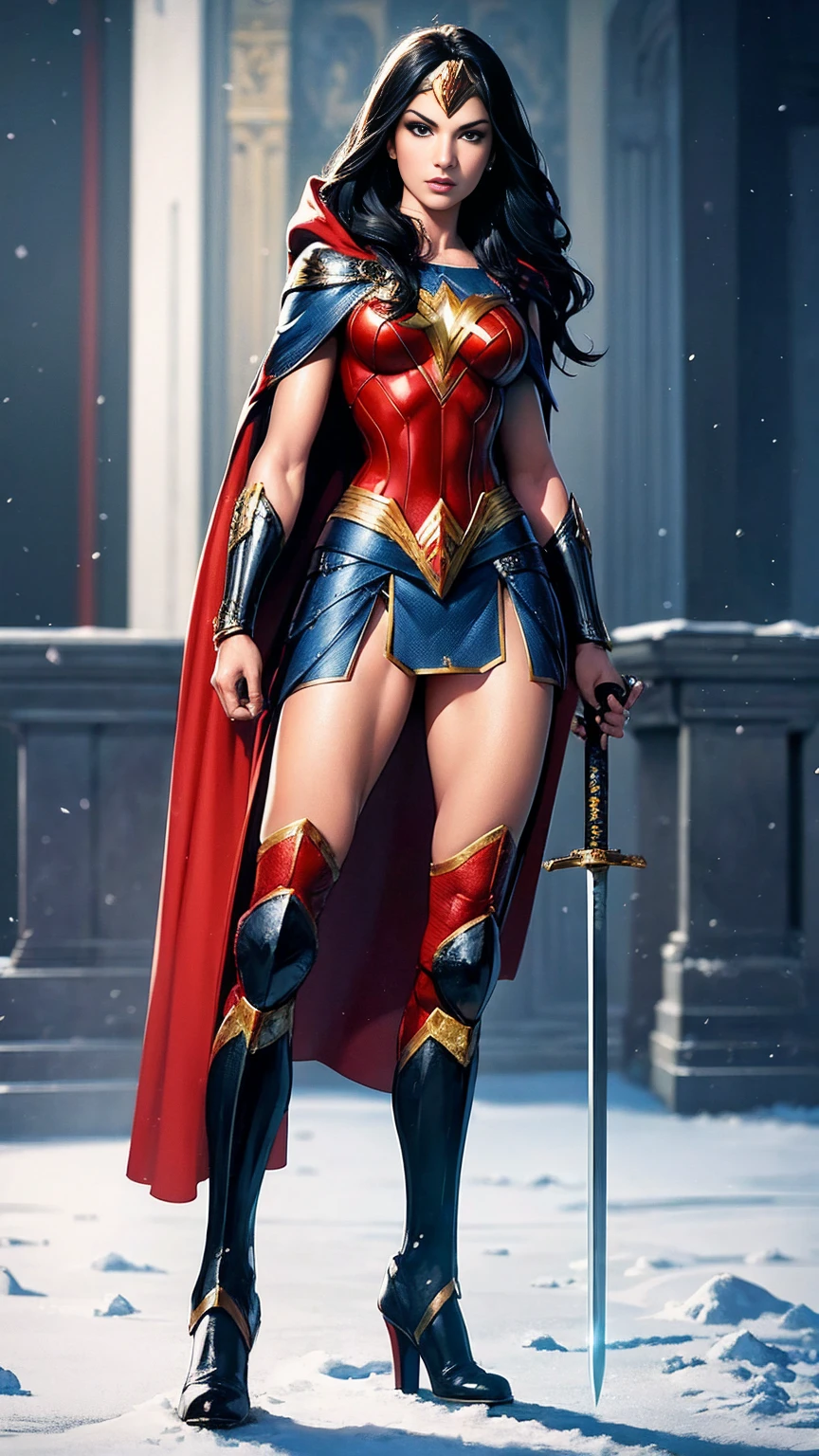 ((full body photo, standing)) masterpiece, best quality, 1girl, veronica, (((full body photo))) 1 girl, Wonder Woman, bracelet, black hair, blurred, armband, breathing, cape, cowboy shot, depth of field, restraint, gun restraint, lasso, looking at viewer , parted lips, pommel, realistic, reverse grip, shield, skirt, snow, neveing, alone, superhero, sword, tiara, toned, weapon, weapon behind back, ((work of art))
