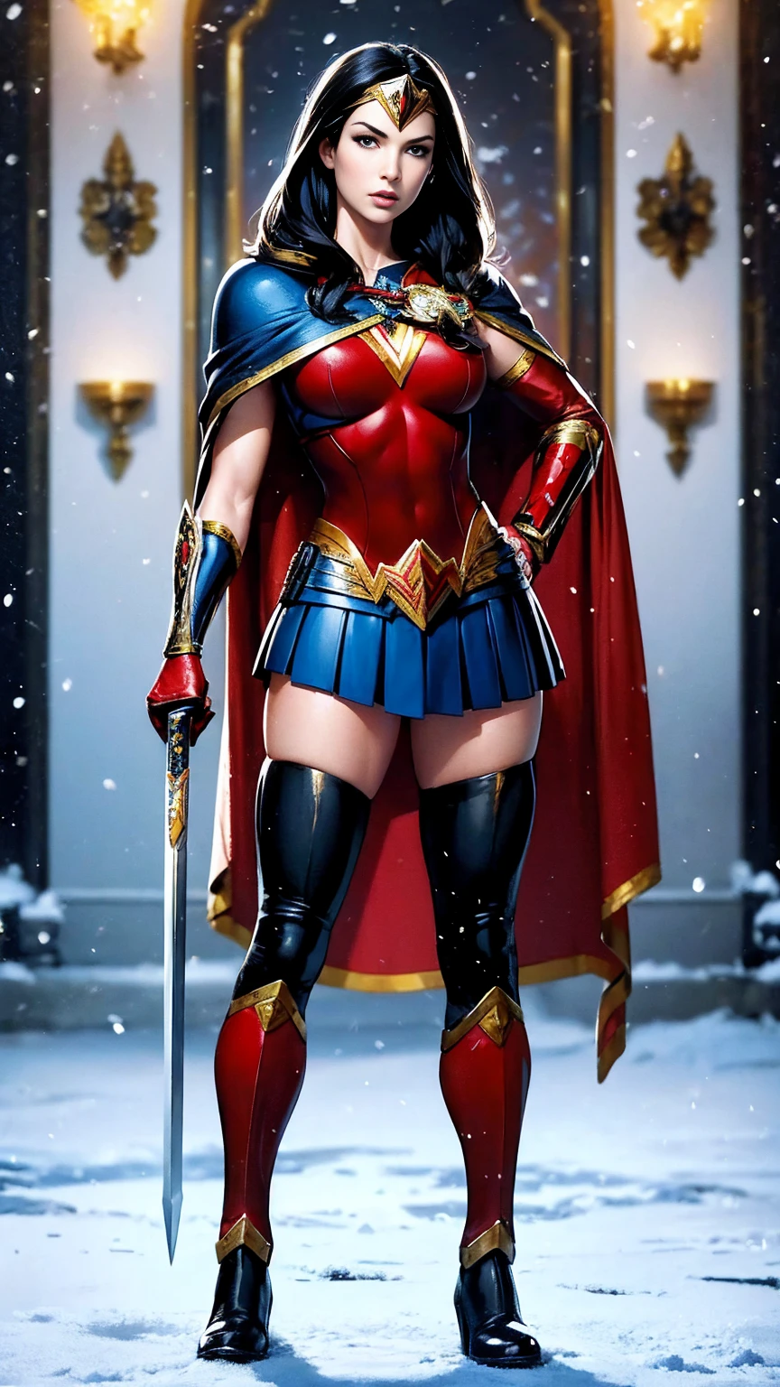 ((full body photo, standing)) masterpiece, best quality, 1girl, veronica, (((full body photo))) 1 girl, Wonder Woman, bracelet, black hair, blurred, armband, breathing, cape, cowboy shot, depth of field, restraint, gun restraint, lasso, looking at viewer , parted lips, pommel, realistic, reverse grip, shield, skirt, snow, neveing, alone, superhero, sword, tiara, toned, weapon, weapon behind back, ((work of art))
