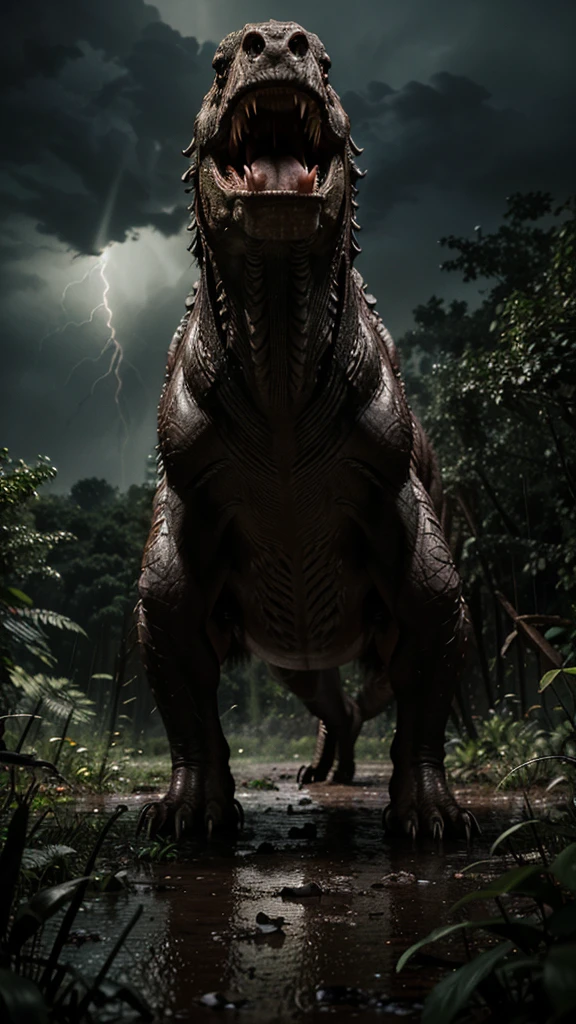 a tyrannosaurus rex roaming the forests during a thunderstorm at night, highly detailed, 8k, photorealistic, dynamic lighting, moody atmosphere, dramatic cloudy sky, lush foliage, rain, mud, powerful predator, menacing expression, teeth bared, scales, muscular body, huge claws, realistic textures, cinematic composition, dramatic lighting