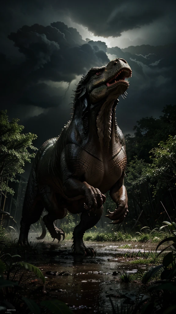 a tyrannosaurus rex roaming the forests during a thunderstorm at night, highly detailed, 8k, photorealistic, dynamic lighting, moody atmosphere, dramatic cloudy sky, lush foliage, rain, mud, powerful predator, menacing expression, teeth bared, scales, muscular body, huge claws, realistic textures, cinematic composition, dramatic lighting