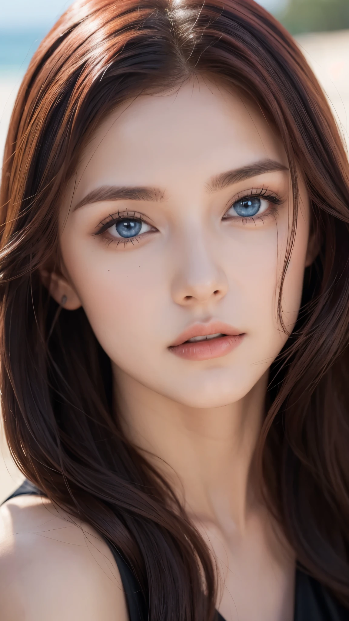 Beautiful redhead latina type girl with blue eyes and long hair wearing black dress close up on face photo shoot