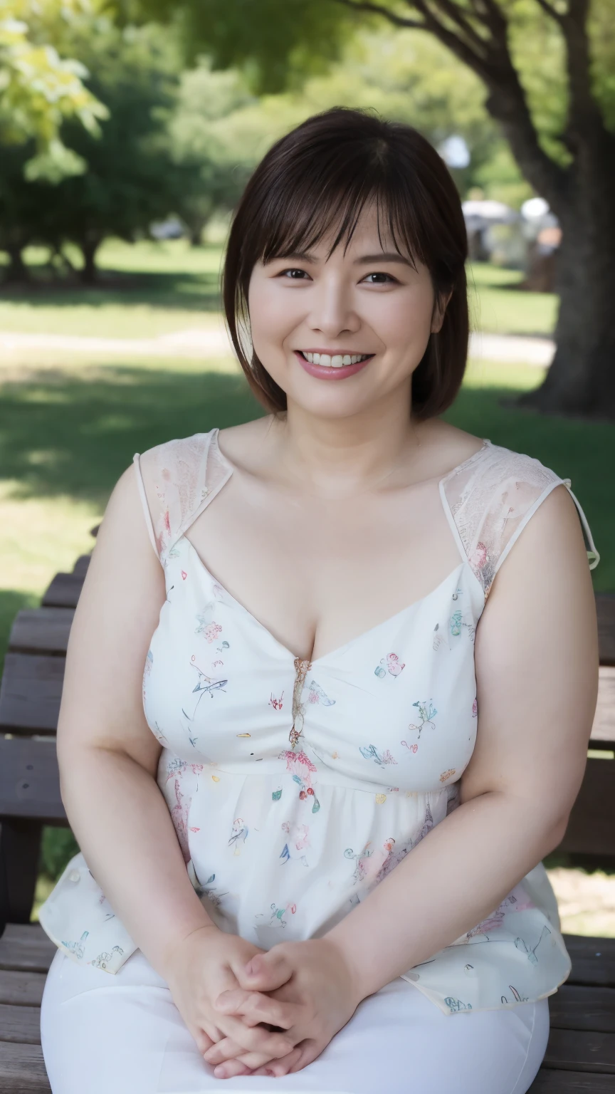 8k wallpaper, masterpiece, Highest quality, Super detailed, One Mature Woman, 50 years old, Become very clear, Wearing a short-sleeved blouse, Skin dents, Captivating smile, Looking at the audience, Cleavage, plump, Curvaceous, Fascinating face, Smiling with teeth showing, Wrinkles around the eyes, Sitting on a park bench, Background Blur