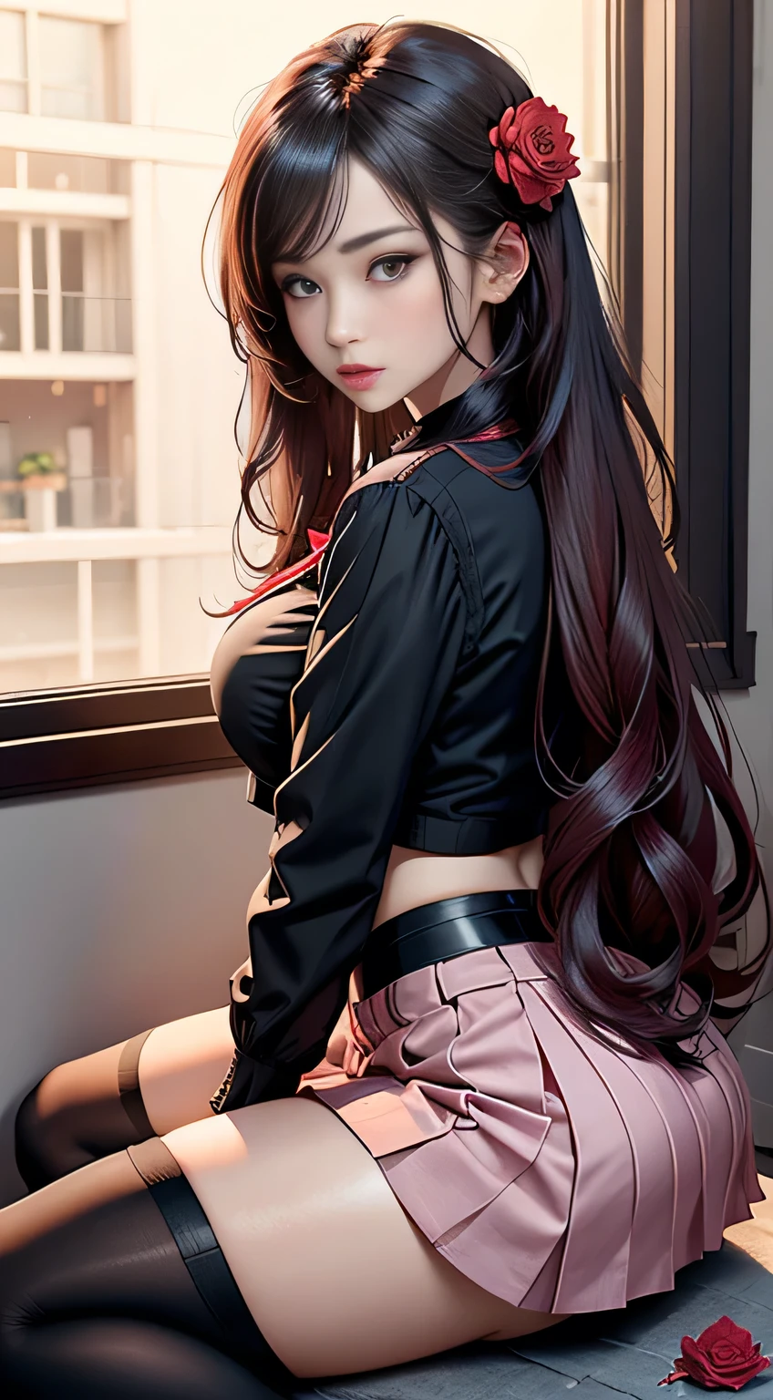sfw, camellia, flower, red_flower, red_rose, rose, katana, 1girl, pink_rose, pink_flower, spider_lily, shoes, long_hair, school_uniform, serafuku, sheath, skirt, solo, sheathed, vase, looking_at_viewer, sitting, orange_flower, pleated_skirt, rose_petals, black_shirt, black_legwear, black_skirt, hibiscus, very_long_hair, parted_lips, loafers, sailor_collar, black_hair, neckerchief, wearing bra,((skinny waist)), young asian girl, ((big breasted)),