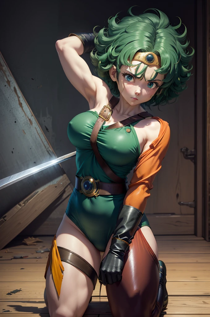 Animation worksAnime works masterpieces,most、high quality, Unreal Engine, Ultra-high resolution, Very detailed丸い胸, Medium bust 1 person, waist, Thin,(muscular:0.9)
Actress,
ring, curls, Green hair, short hair, Asymmetrical cloThing, tights, sash, One-handed gloves, single sleeve, single thigh high hole, Holding a sword, . anime style, key point, energetic, Studio anime, Very detailed、 my life is about to run out. broken equipment. Kneel down on one knee. Under enemy fire.The tights is torn to pieces.