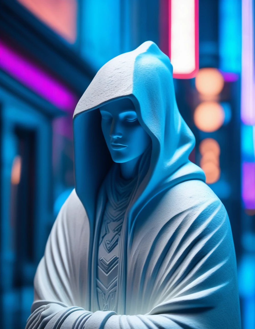 "White plaster stone statue shape, medium shot on ARRI Alexa 35, A lone hooded figure using chaos magic, Blue discreet color gradation, hyperrealistic pop, cyber punk, Chicago 2087
