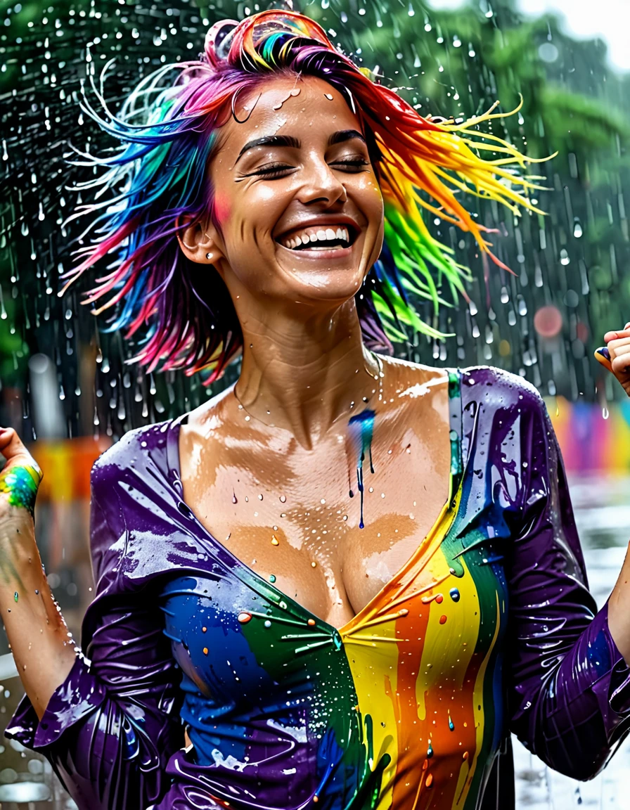 a woman joyfully twirling in the raining paint, paint raining, thick paint rainbow hair, body covered with paint, joyful, ((sfw)), calm facial expression, relaxed, gentle smile, (clothes made of liquid paint)), front view, ((small breasts, relaxed face, relaxed shoulders)), ((dynamic pose)), liquid details, correct anatomy, both arms visible, (((perfect hands, correct hands, beautiful hands)))