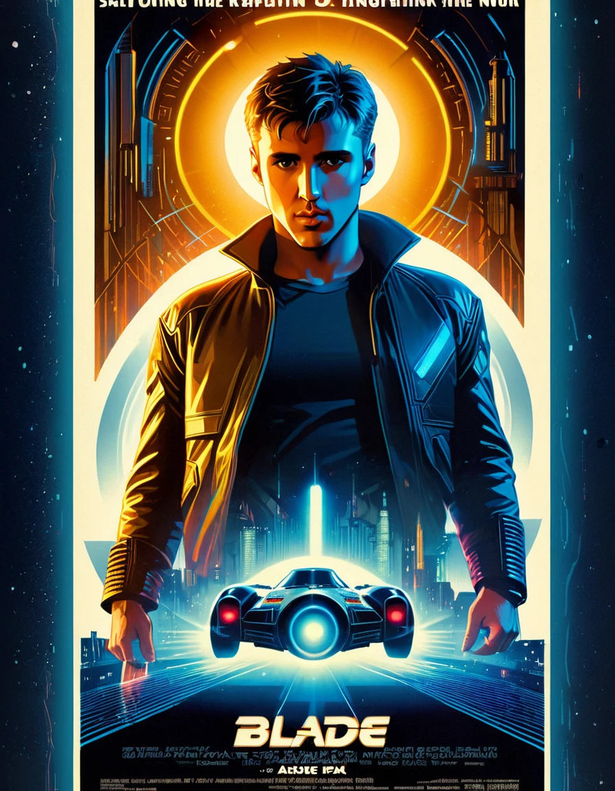 An image of a sci-fi inspired vintage movie poster for "Blade Runner," capturing the futuristic noir aesthetic with innovative lighting techniques, detailed, realistic, HD, trending on ArtStation, in the style of John Alvin, Bob Peak, and Richard Amsel.