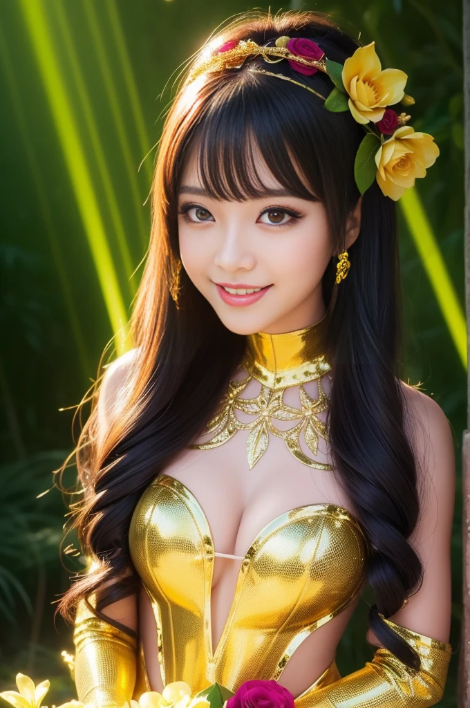 sexy golden princess who controls poison、beautiful smile、lipgloss、long lashes、intense makeup、look at the camera、full body Esbian、、sparkling poisoned flower costume、、、、shiny sparkling multicolor hair、secrete poison、skull hair accessories、fishnet tights、shiny sparkling dark magic forest background