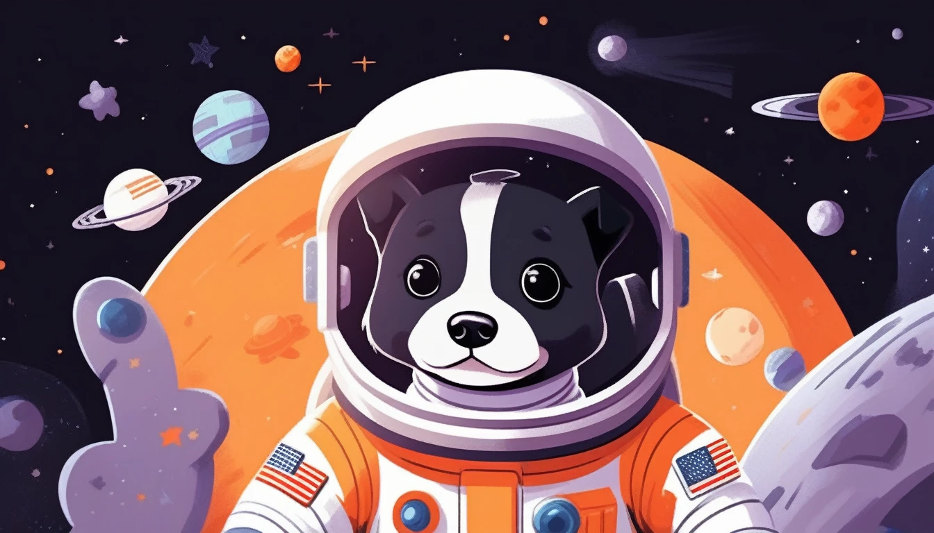 children's picture books,crayon paintings,black background,simple background,
A little dog astronaut inside in spacecraft, facing the camera, happy, orange uniform, slowly approaching, with high definition and quality,
