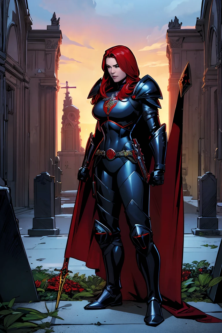 ((full body photo, standing)) 1 red hair girl Magdalena wearing holy armor and black suit, on graveyard at night, holding holy spear, solo, digital art, comic book style, top cow comics, 2D art, best quality, masterpiece
