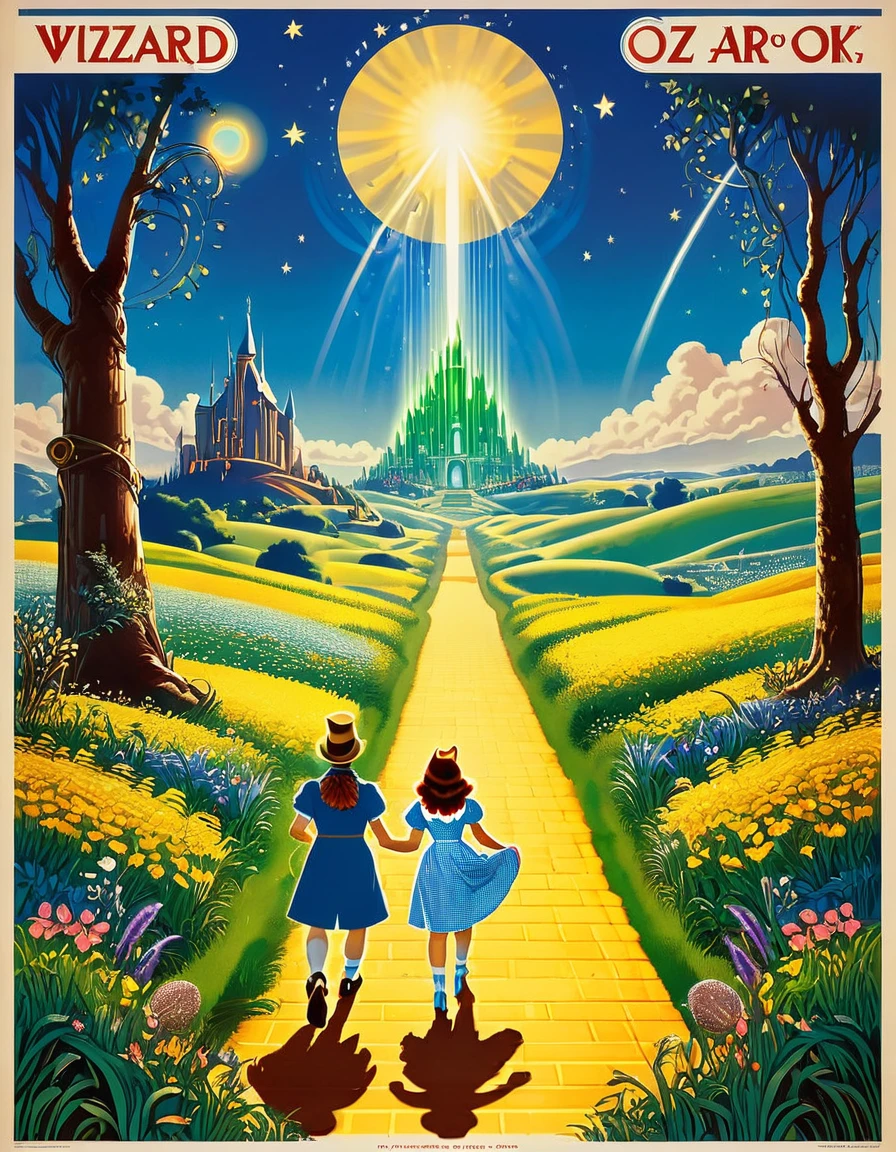 An image of a whimsical vintage movie poster for "The Wizard of Oz," portraying the magical world of Oz with enchanting lighting and vibrant colors, detailed, realistic, HD, trending on ArtStation, in the style of Norman Rockwell, Reynold Brown, and Jack Davis.
