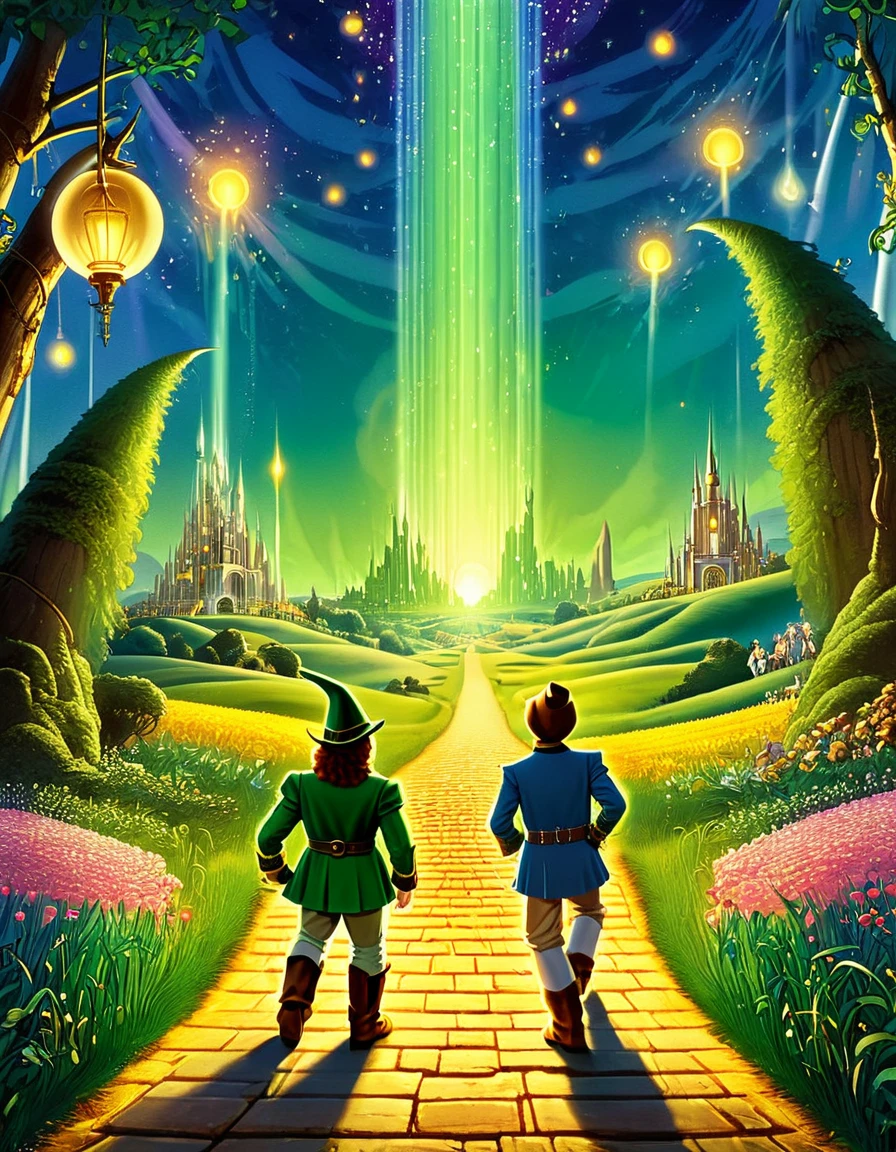 An image of a whimsical vintage movie poster for "The Wizard of Oz," portraying the magical world of Oz with enchanting lighting and vibrant colors, detailed, realistic, HD, trending on ArtStation, in the style of Norman Rockwell, Reynold Brown, and Jack Davis.