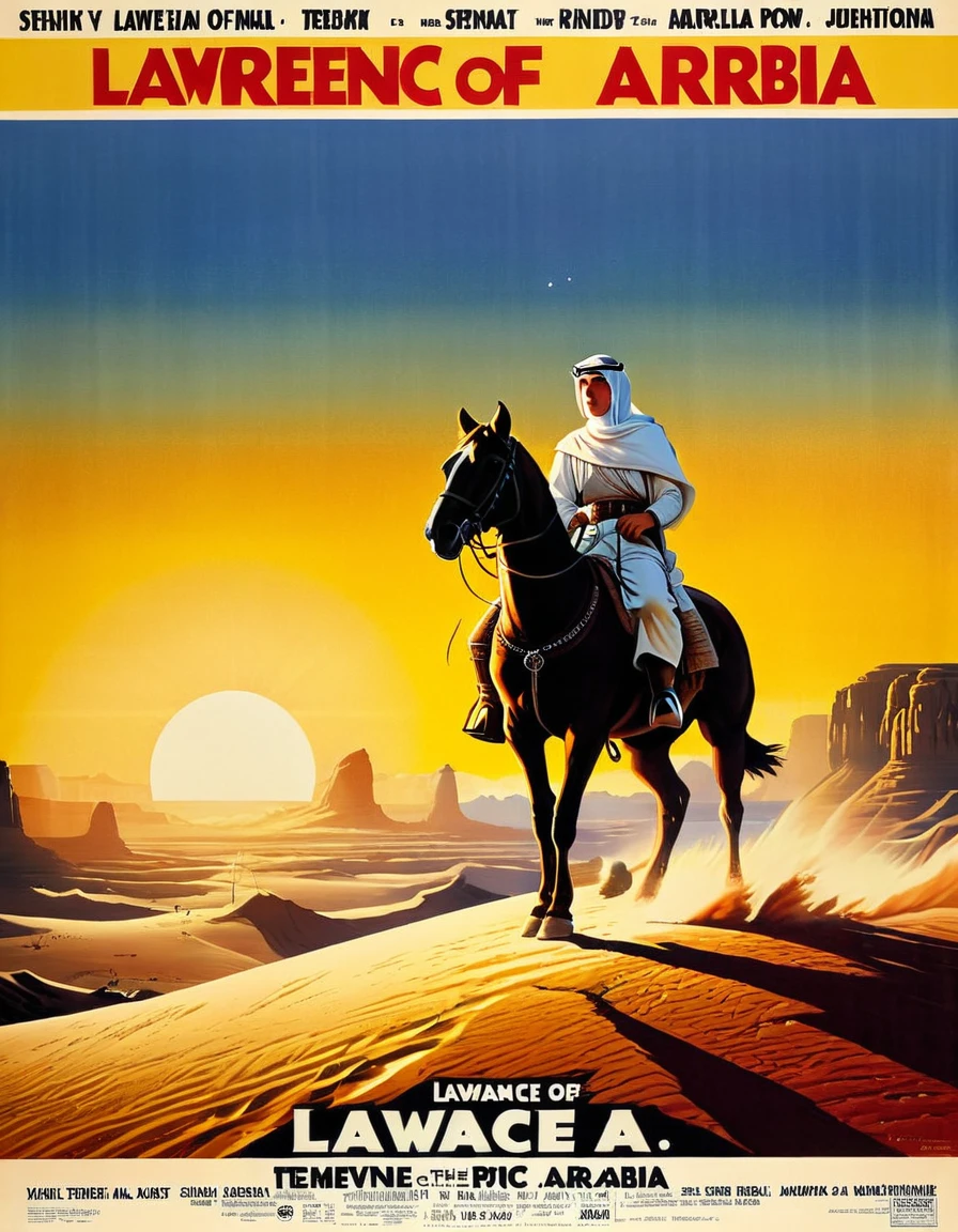 An image of a dramatic vintage movie poster for "Lawrence of Arabia," conveying the epic scale of the film with sweeping desert landscapes and nuanced lighting, detailed, realistic, HD, trending on ArtStation, in the style of Howard Terpning, Bob Peak, and Richard Amsel.
