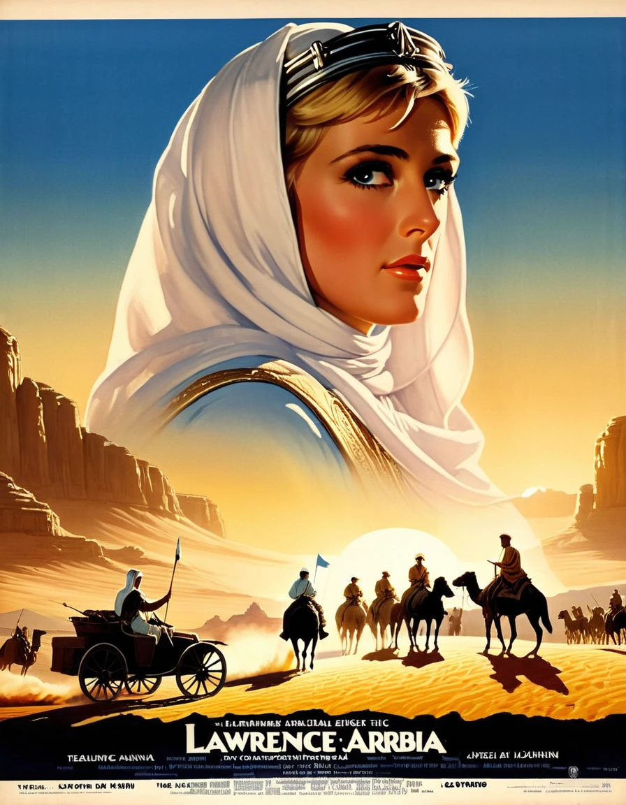 An image of a dramatic vintage movie poster for "Lawrence of Arabia," conveying the epic scale of the film with sweeping desert landscapes and nuanced lighting, detailed, realistic, HD, trending on ArtStation, in the style of Howard Terpning, Bob Peak, and Richard Amsel.