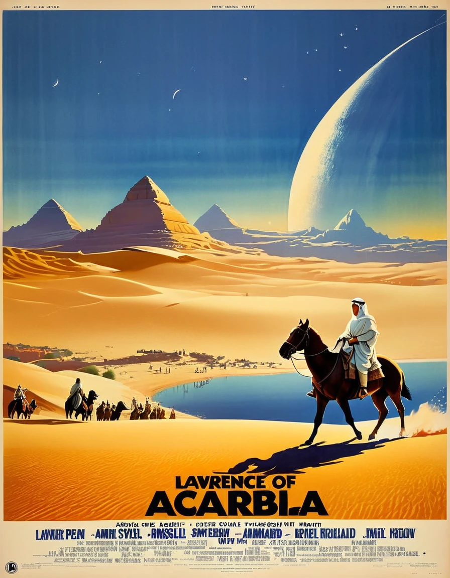 An image of a dramatic vintage movie poster for "Lawrence of Arabia," conveying the epic scale of the film with sweeping desert landscapes and nuanced lighting, detailed, realistic, HD, trending on ArtStation, in the style of Howard Terpning, Bob Peak, and Richard Amsel.