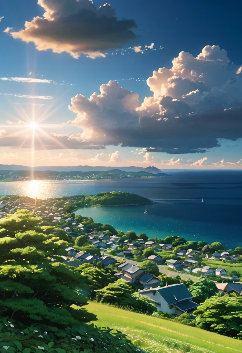 (((Makoto Shinkai))),Summer in the countryside, midsummer, incoming clouds and trees, sea and residential area in the distance, high brightness, high saturation, high contrast, 8KHDR