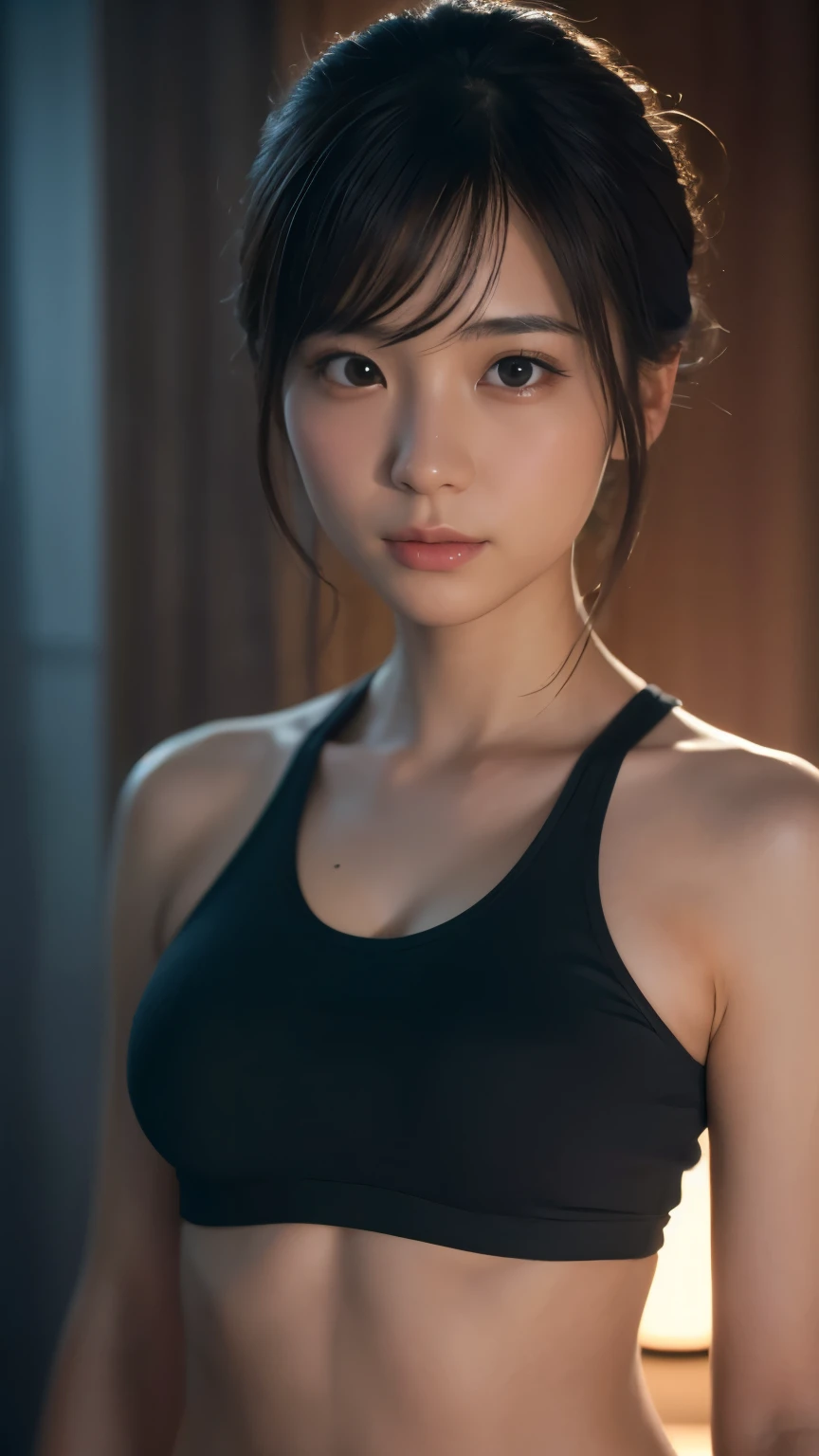 Beautiful young Japanese woman, Around 20 years old,  Wearing a black tank top, ((Shorts)), (Very detailedな CG 8K 壁紙), (Very delicate and beautiful), (masterpiece), (Highest quality:1.0), (ultra High resolution:1.0),  Beautiful lighting ,Perfect Lightning, Realistic Shadows, [High resolution], Detailed skin, Super detailed, Very detailedな, 8K resolution, とてもRealistic, Cinema Lighting, Highest quality, masterpiece, Realistic, Physically Based Rendering, Very detailed, Vibrant colors, Professional, Sharp focus, Studio Lighting.Standing facing forward