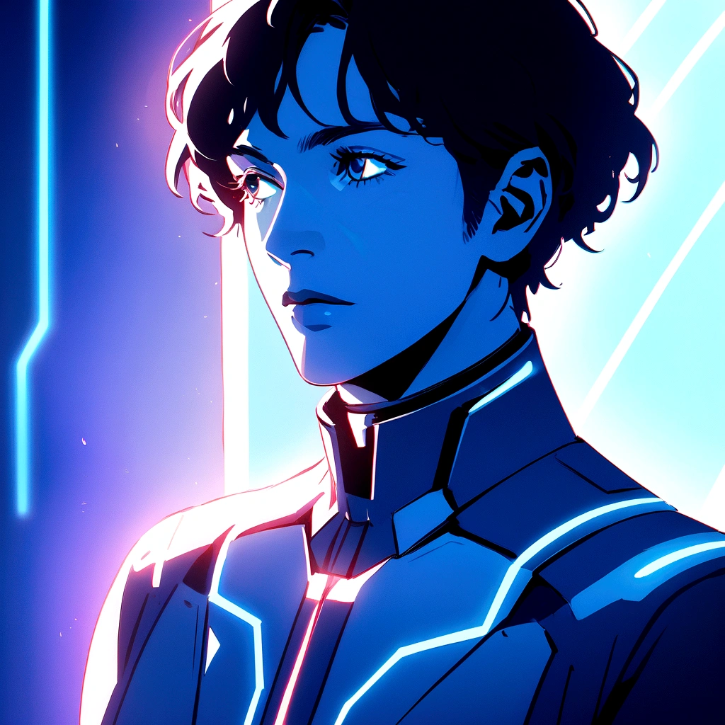 Generate an image similar to Disney's Tron, but with the light only with the color white, a futuristic image that represents technology, that has a male character, I want a clean and minimalist image, and that is not anime, that is more realistic like a movie