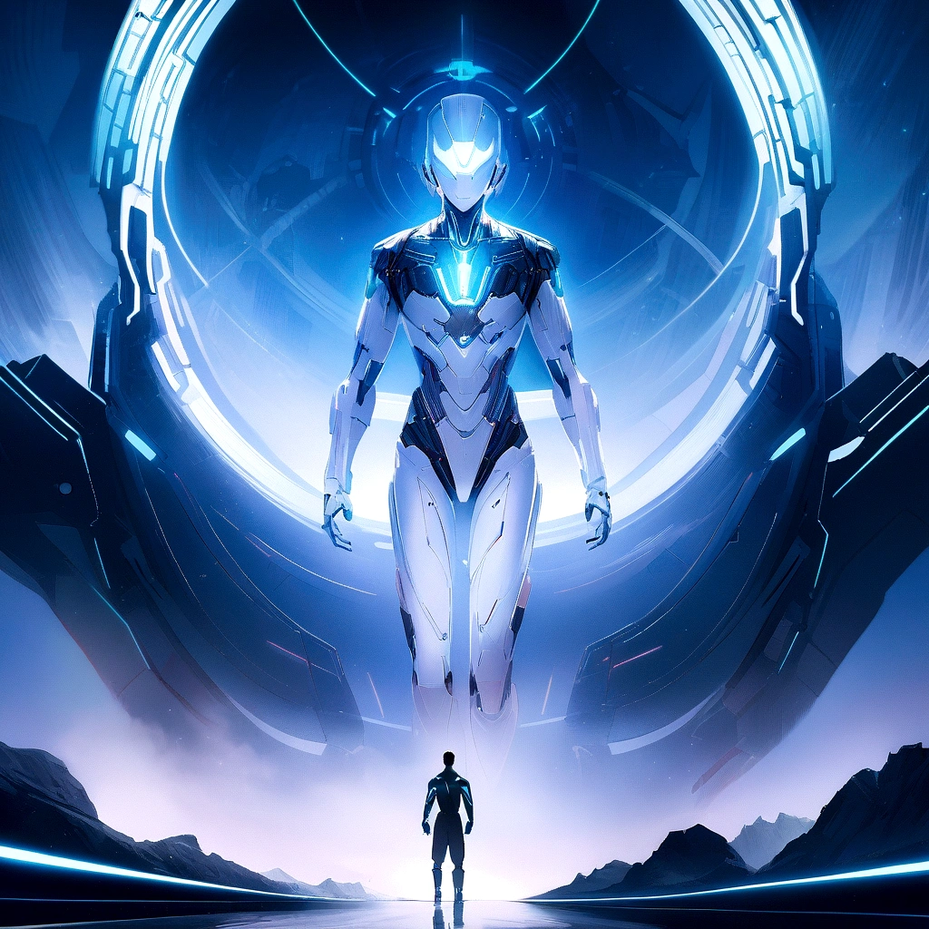 Generate an image similar to Disney's Tron, but with the light only with the color white, a futuristic image that represents technology, that has a male character, I want a clean and minimalist image, and that is not anime, that is more realistic like a movie