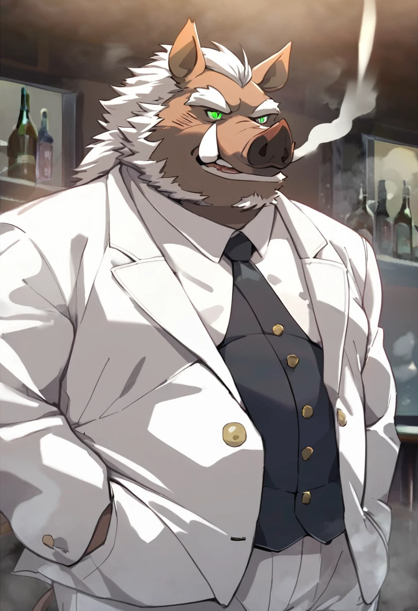 Wild Boar,personification,Mature male,Bad Uncle,Sarcastic expression,Green pupils,White eyebrows,White suit suit,Hands in pockets,The Age of Steam,bar。
