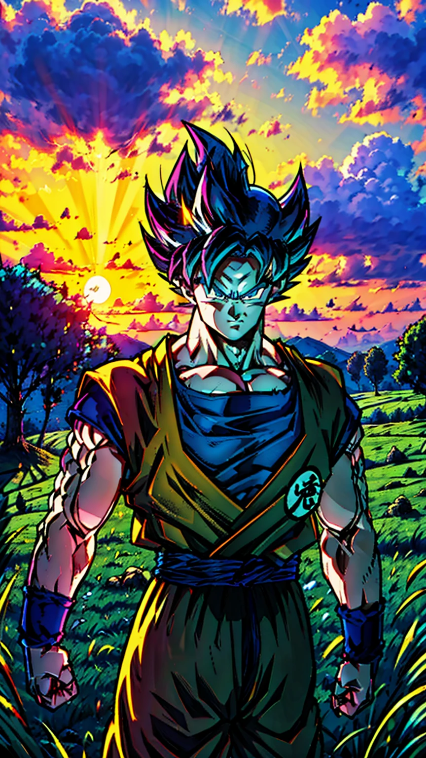 8K quality,(super masterpiece:1.3),Highest quality,Detailed Images,1 person,(Super Saiyan Son Goku),Orange martial arts uniform,Blue innerwear,There is a yellow aura,(The background is a grassland,sunset,blaze),(Face directly towards the camera,Looking directly at the viewer,looking at the camera,The body faces the viewer,The body is facing the direction of the camera,Face looking straight into the camera).
