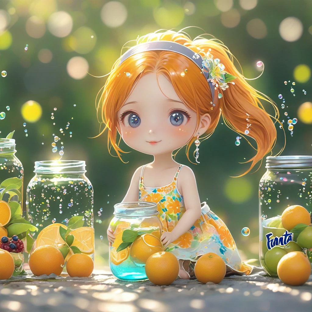 (masterpiece), (Highest quality), figure, Super detailed, High resolution, Depth of written boundary, (colorful), ,(Floral Background:1.45),(Transparent Background:1.3)(an extremely delicate and beautiful girl inside of Glass cans:1.2), (Glass cans:1.35),(Lonely:1.2), (whole body), (Beautiful and delicate eyes, Beautiful and delicate face:1.3), (Sitting ), (Very long silky hair, Gray Hair:1.15), (easily_chest, Tully and Skinny:1.2), (colorful clothes:1.3), (Very fine lace:0.3), (极其细致的decorate:0.3),(head band , Orange Hair_decorate:1.25),Orange bottle,water surface,whole body,(Orange bottle of water,A bottle of Fanta:1.25), (many Fruit in a jar, multiple_Fruit in a jar:1.25), (There are lots of bubbles:1.25),
