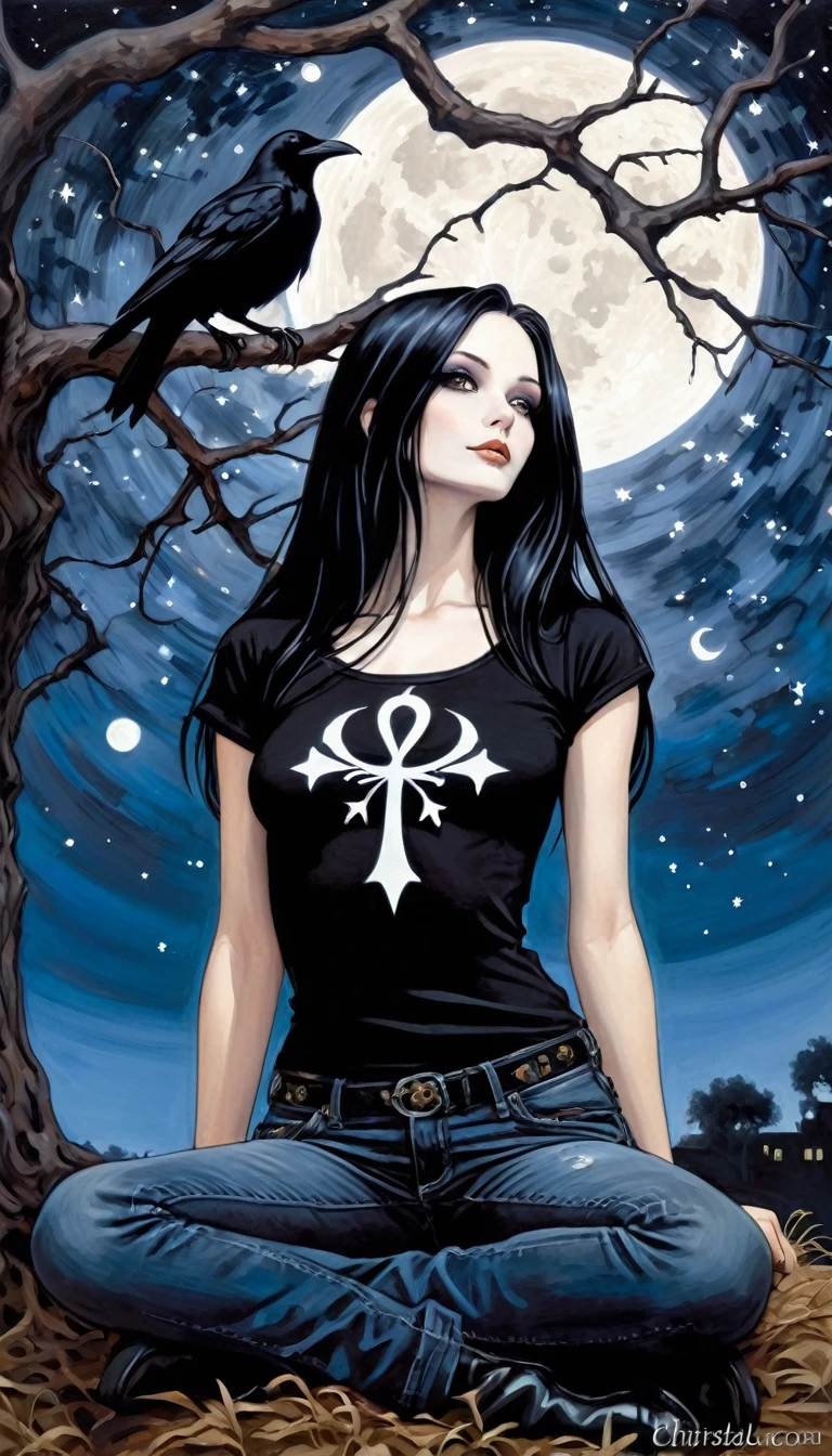 Sexy gothic girl, long black and straight hair, tight black t-shirt and jeans, small breasts, pale white skin tone, ankh symbol, a dark crow accompanies her, sitting under a tree with convoluted branches, magic, fantastic, night sky, moon , stars, background (simple oil painting in a Chris Bachalo style)