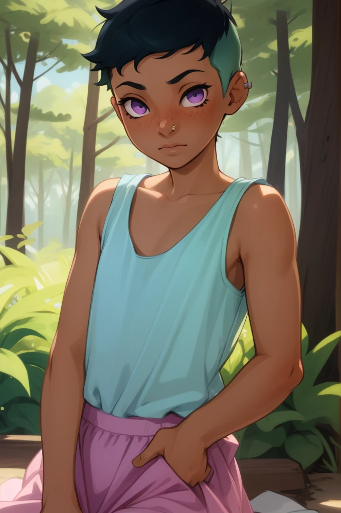 riley fairfeather, 18, 1 girl, solo, sunny day, forest, selfie, her first selfie, freckles, small breasts, dark skin, dark-skinned female, purple eyes, short hair, green hair, multicolored hair, very short hair, black hair, undercut, gradient hair, two-tone hair, ear piercing, nose piercing, added cute pink filter, kawaii, super cute, adorable, masterpiece, best quality, 4k ultra hd, 
 