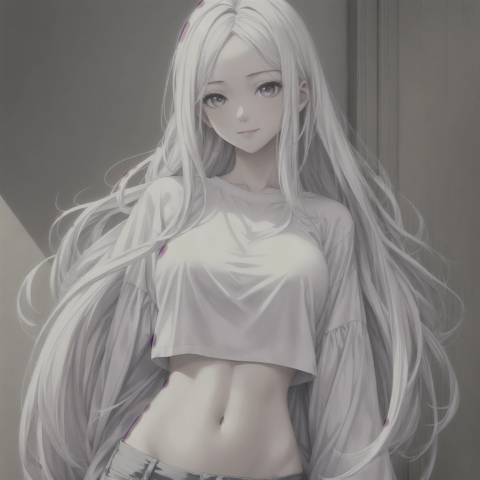 masterpiece, Highest quality, One girl, whitish eyes,center parted hair、forehead,sholder length hair、medium hair、white hair、T-Shirts,(crop top navel:0.8)、gentle smile、Very sexy、upper body,from front,