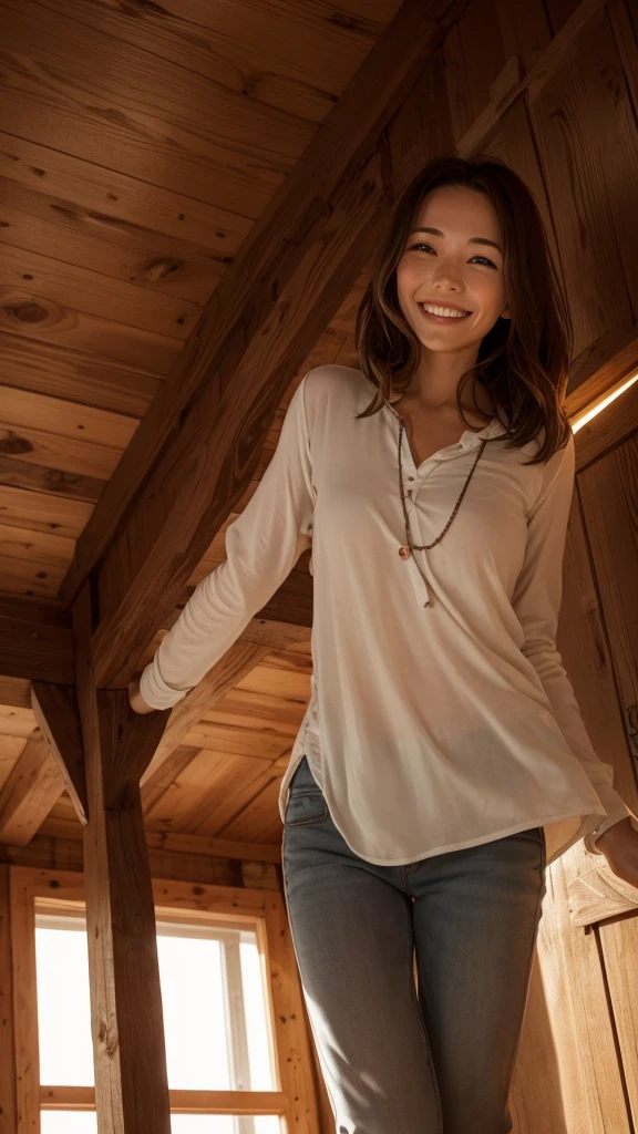 A smiling and passionate woman in a wooden cabin