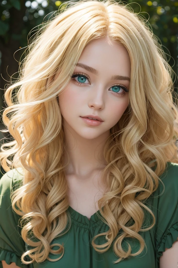 Blonde with green eyes, curly hair
