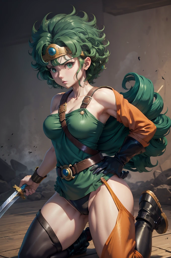 Animation worksAnime works masterpieces,most、high quality, Unreal Engine, Ultra-high resolution, Very detailed丸い胸, Medium bust 1 person, waist, Thin,(muscular:0.9)
Actress,
ring, curls, Green hair, short hair, Asymmetrical cloThing, tights, sash, One-handed gloves, single sleeve, single thigh high hole, Holding a sword, . anime style, key point, energetic, Studio anime, Very detailed、 my life is about to run out. broken equipment. Kneel down on one knee. Under enemy fire.The tights is torn to pieces.