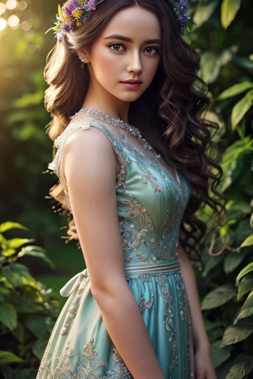 a beautiful doll with long curly hair below the waist, porcelain skin, delicate facial features, wearing a detailed ornate dress, standing in a lush garden, (best quality,4k,8k,highres,masterpiece:1.2),ultra-detailed,(realistic,photorealistic,photo-realistic:1.37),intricate details,HDR,UHD,studio lighting,extremely detailed eyes and face,longeyelashes,detailed flowers,detailed foliage,vibrant colors,cinematic lighting,dramatic shadows,elegant,whimsical