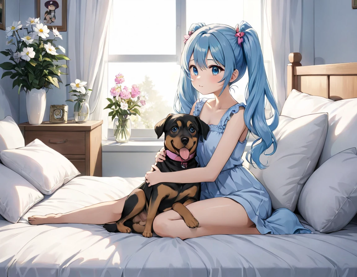 The room is decorated with many margaret flowers..、Margaret flowers on the windowsill、The morning sun is shining、Long light blue hair、beautiful girl with twin tails、big dog pillow、sitting on the bed hugging a big cushion、My dog is watching next to my bed