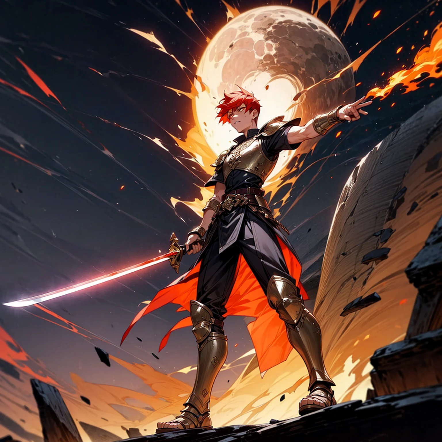 1boys, Full body version, orange eyes, undercut hair, red colour hair, very angry expression, gladiator clothing, short sleeve shirt, gladiator skirt, gold big armor body, bodybelt, gladiator sandals, Spatha sword in hand, (war gesture), Grassroots background in war, Full background, night, moonlight behind, moonlight silhouette, explosion, fire, fire background, blood on face, blood on sword, blood on armor, fire sword